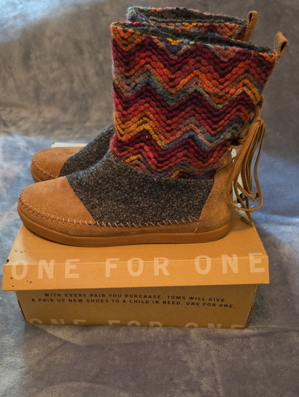 TOMS Womens Multicolor Chevron Knit and Brown Suede Nepal Boots.